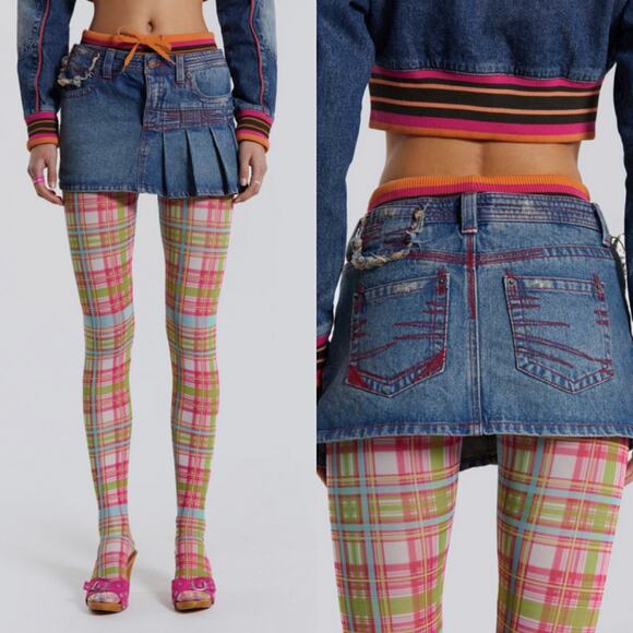 Jaded London Sherbet Denim Side‎ Pleat Mini Skirt Festive Streetwear Distressed - Picture 1 of 5